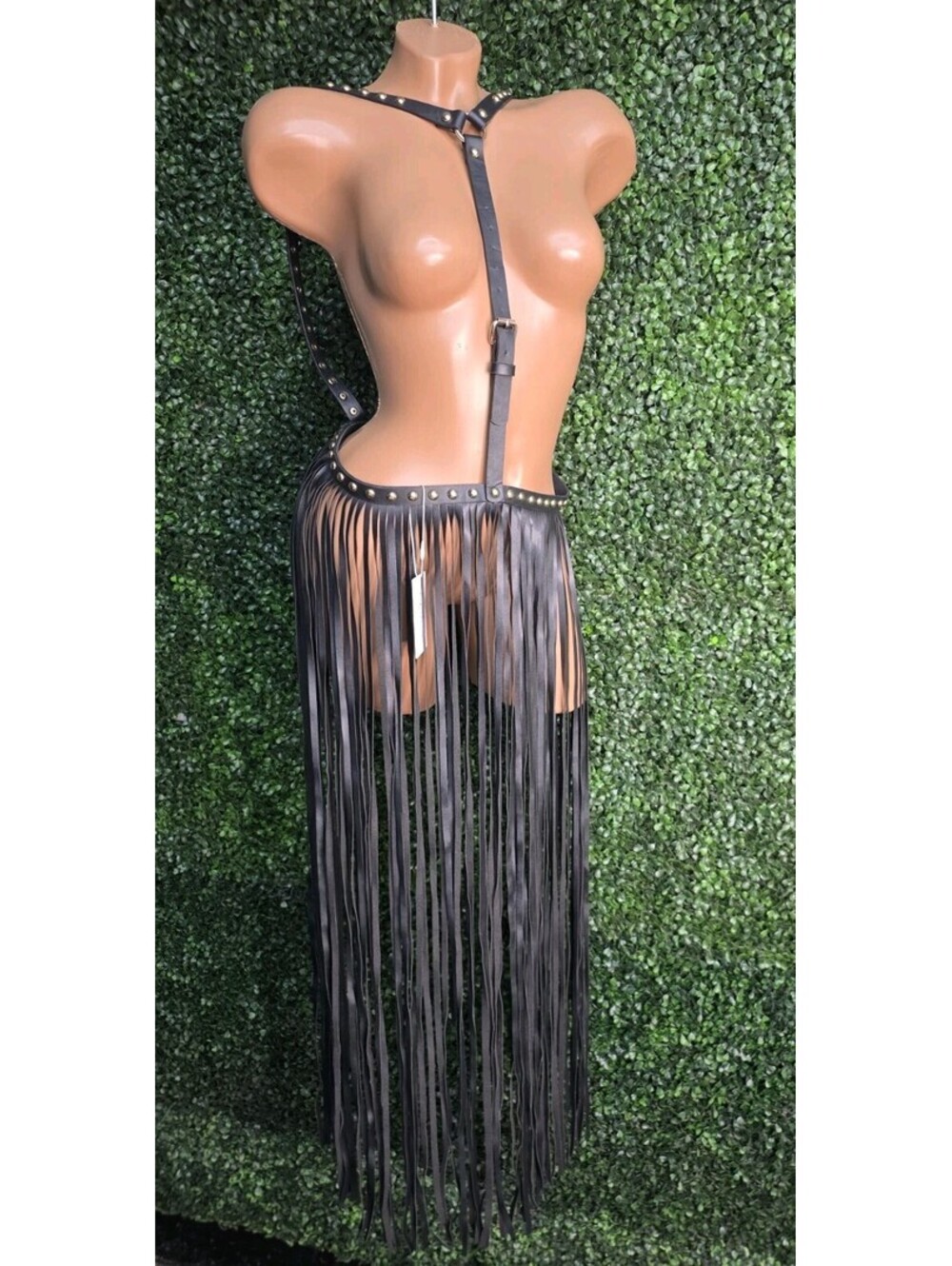 WOWINSTYLE NWT Black Faux Leather Body Harness Long Fringe Skirt Studded Belt S